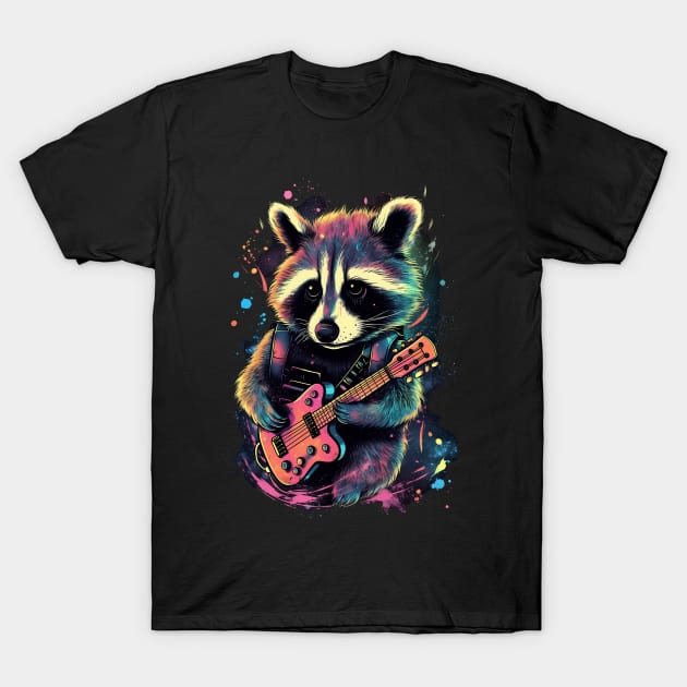 Raccoon's Cosmic Melodies: Strumming Through the Stars T-Shirt by RetroPrism